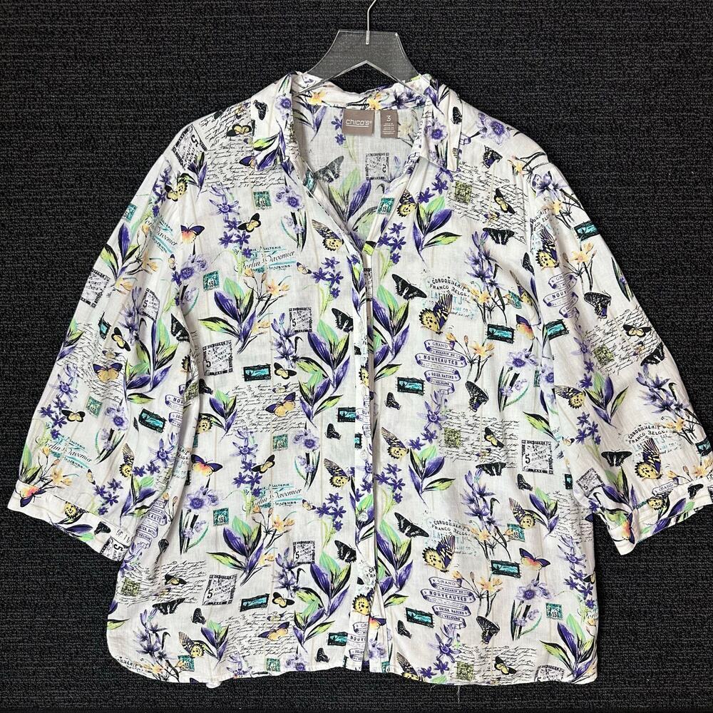 Chico's Linen Blend Button Up Top‎ Butterfly Print Womens Size 3 (XL)